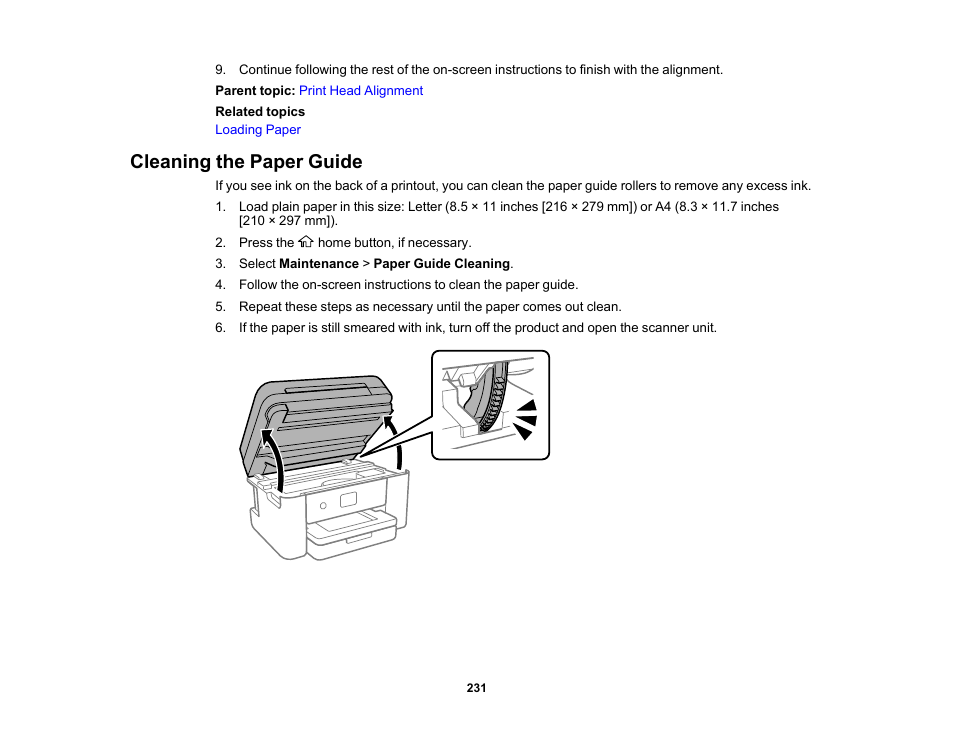 Cleaning the paper guide | Epson WorkForce WF-2960 Wireless All-in-One Color Inkjet Printer User Manual | Page 231 / 332