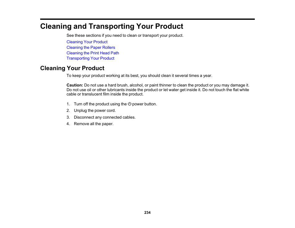 Cleaning and transporting your product, Cleaning your product | Epson WorkForce WF-2960 Wireless All-in-One Color Inkjet Printer User Manual | Page 234 / 332