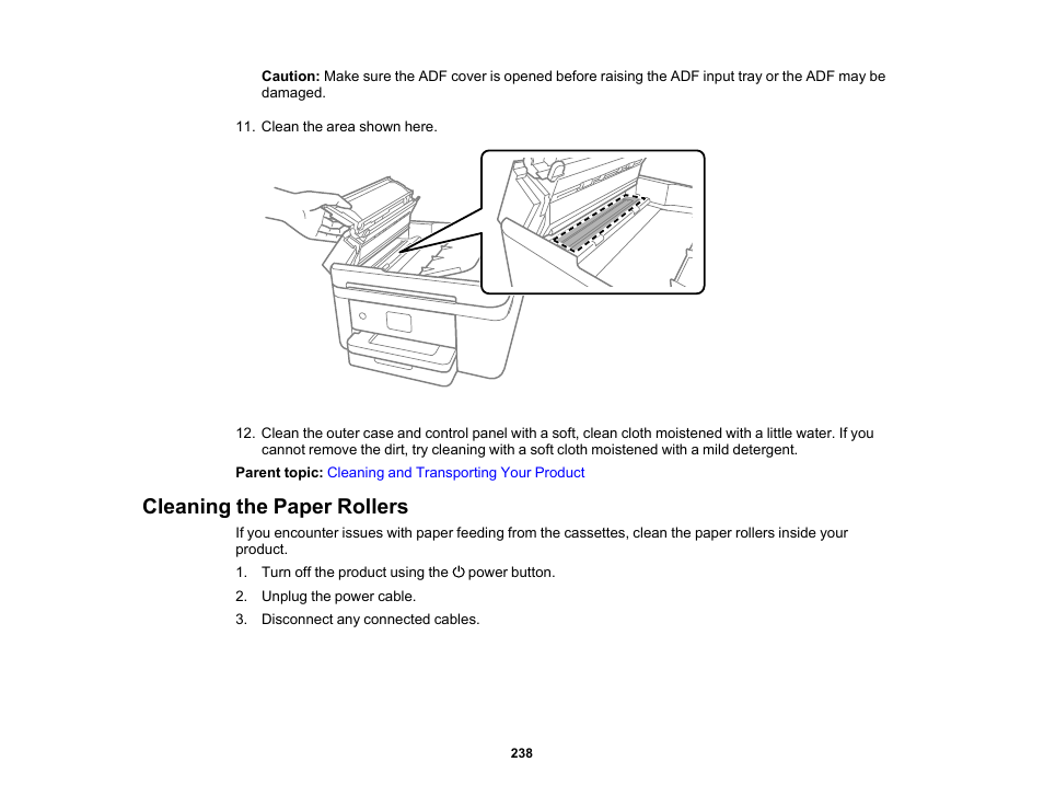 Cleaning the paper rollers | Epson WorkForce WF-2960 Wireless All-in-One Color Inkjet Printer User Manual | Page 238 / 332
