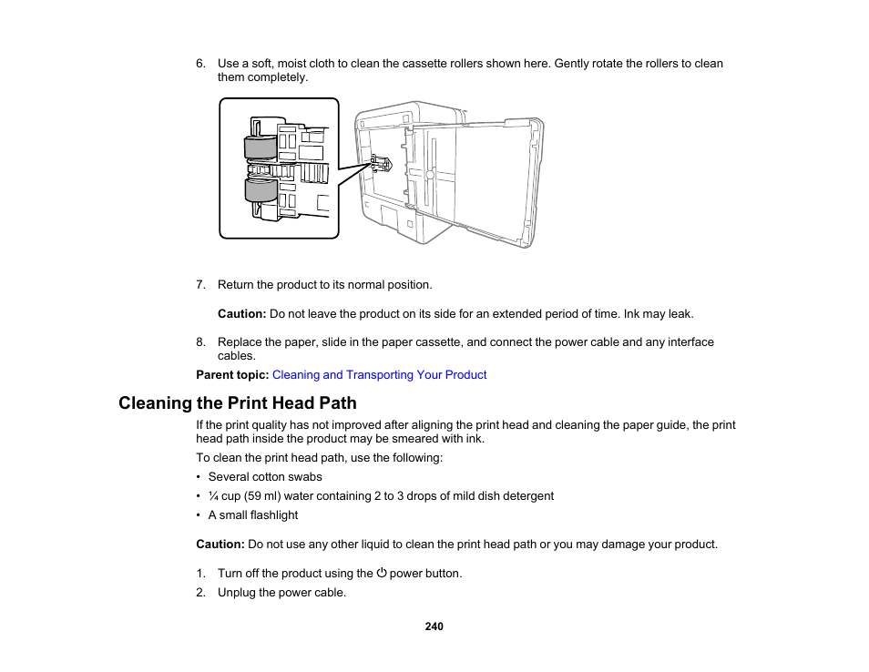 Cleaning the print head path | Epson WorkForce WF-2960 Wireless All-in-One Color Inkjet Printer User Manual | Page 240 / 332