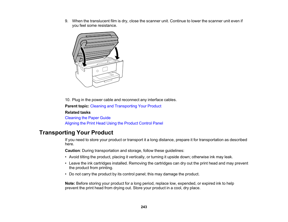 Transporting your product | Epson WorkForce WF-2960 Wireless All-in-One Color Inkjet Printer User Manual | Page 243 / 332
