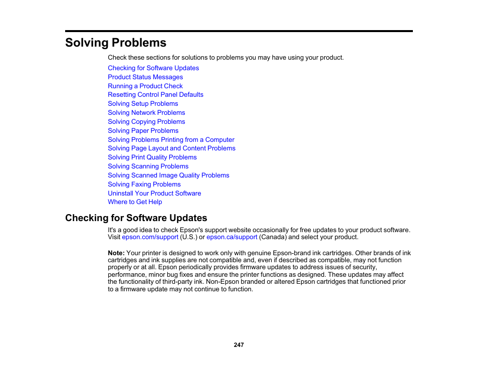 Solving problems, Checking for software updates | Epson WorkForce WF-2960 Wireless All-in-One Color Inkjet Printer User Manual | Page 247 / 332
