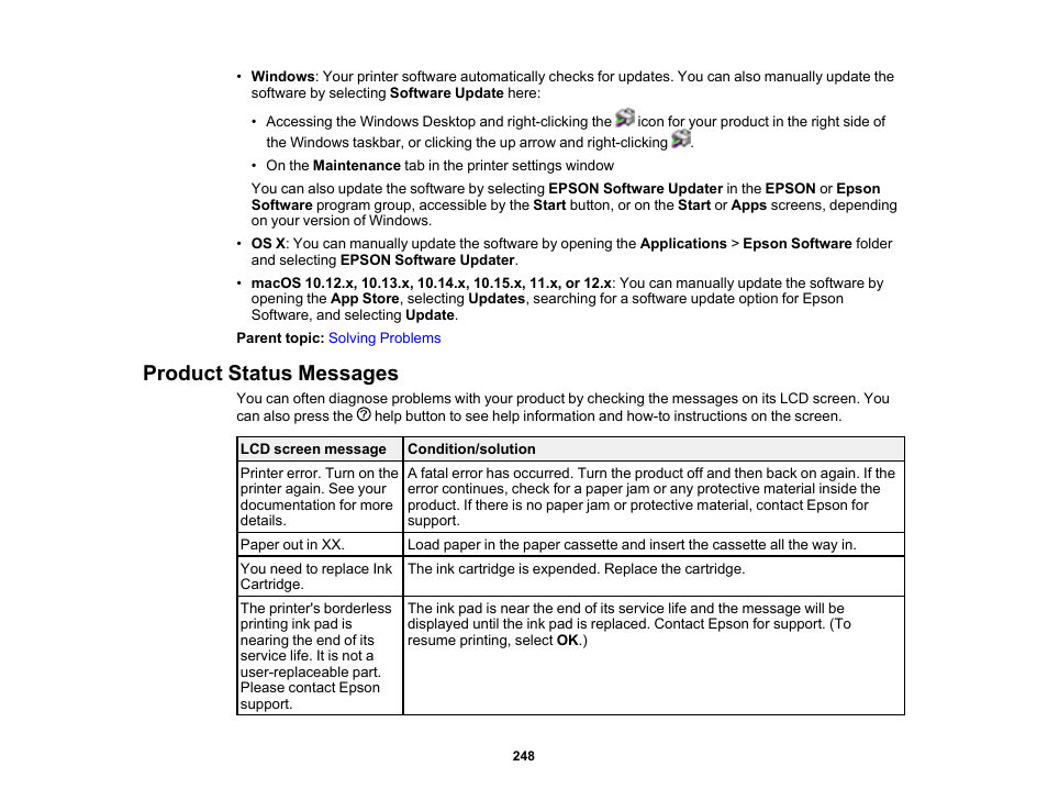 Product status messages | Epson WorkForce WF-2960 Wireless All-in-One Color Inkjet Printer User Manual | Page 248 / 332