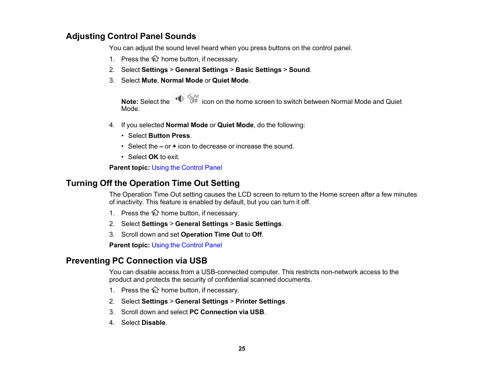 Adjusting control panel sounds, Turning off the operation time out setting, Preventing pc connection via usb | Epson WorkForce WF-2960 Wireless All-in-One Color Inkjet Printer User Manual | Page 25 / 332