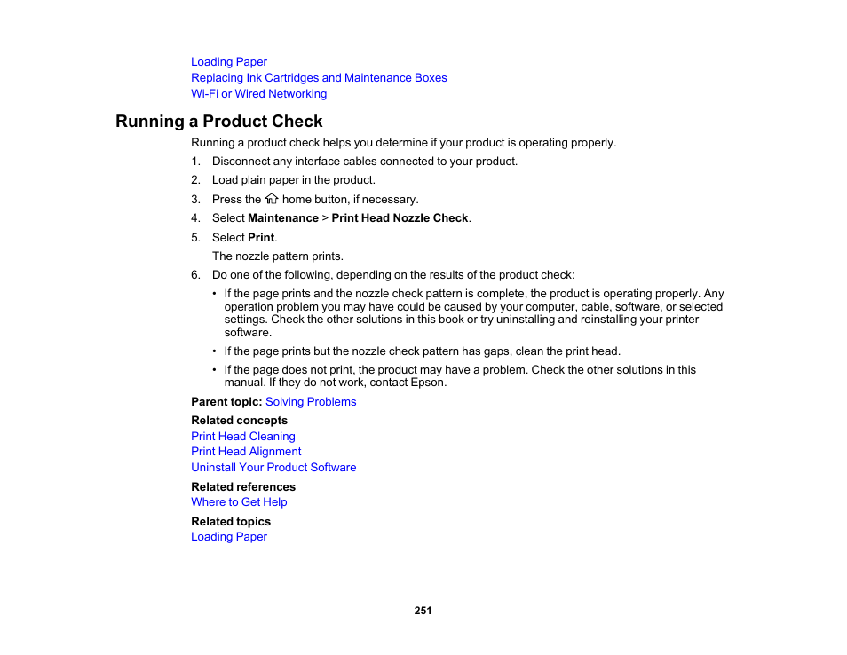 Running a product check | Epson WorkForce WF-2960 Wireless All-in-One Color Inkjet Printer User Manual | Page 251 / 332