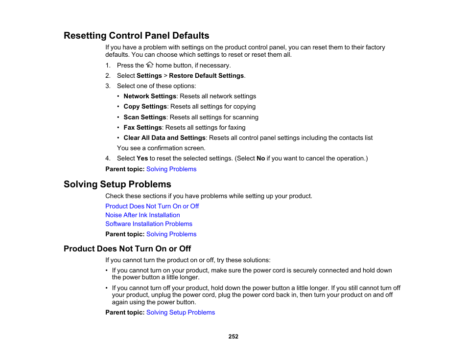 Resetting control panel defaults, Solving setup problems, Product does not turn on or off | Epson WorkForce WF-2960 Wireless All-in-One Color Inkjet Printer User Manual | Page 252 / 332