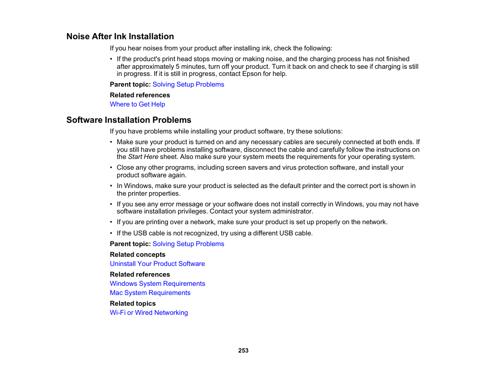 Noise after ink installation, Software installation problems | Epson WorkForce WF-2960 Wireless All-in-One Color Inkjet Printer User Manual | Page 253 / 332