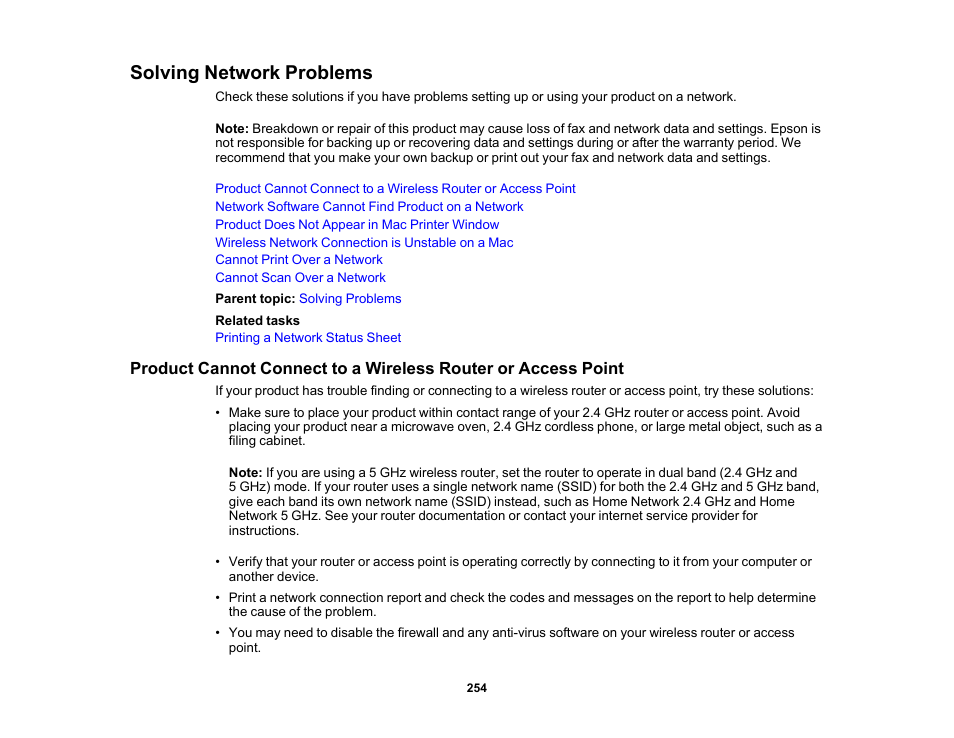 Solving network problems | Epson WorkForce WF-2960 Wireless All-in-One Color Inkjet Printer User Manual | Page 254 / 332