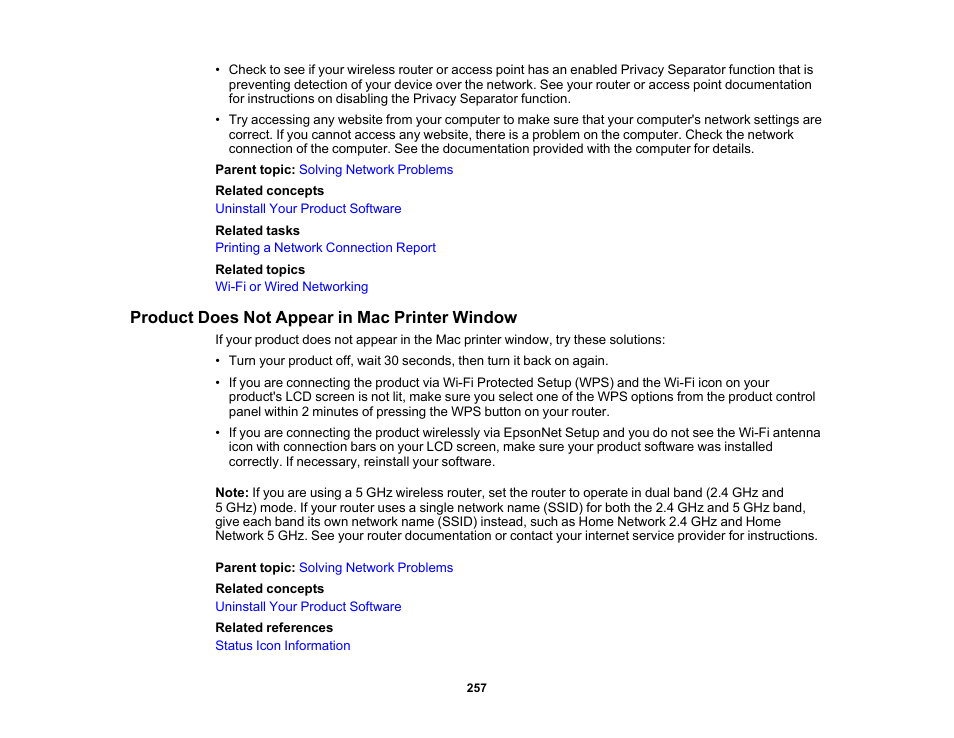 Product does not appear in mac printer window | Epson WorkForce WF-2960 Wireless All-in-One Color Inkjet Printer User Manual | Page 257 / 332