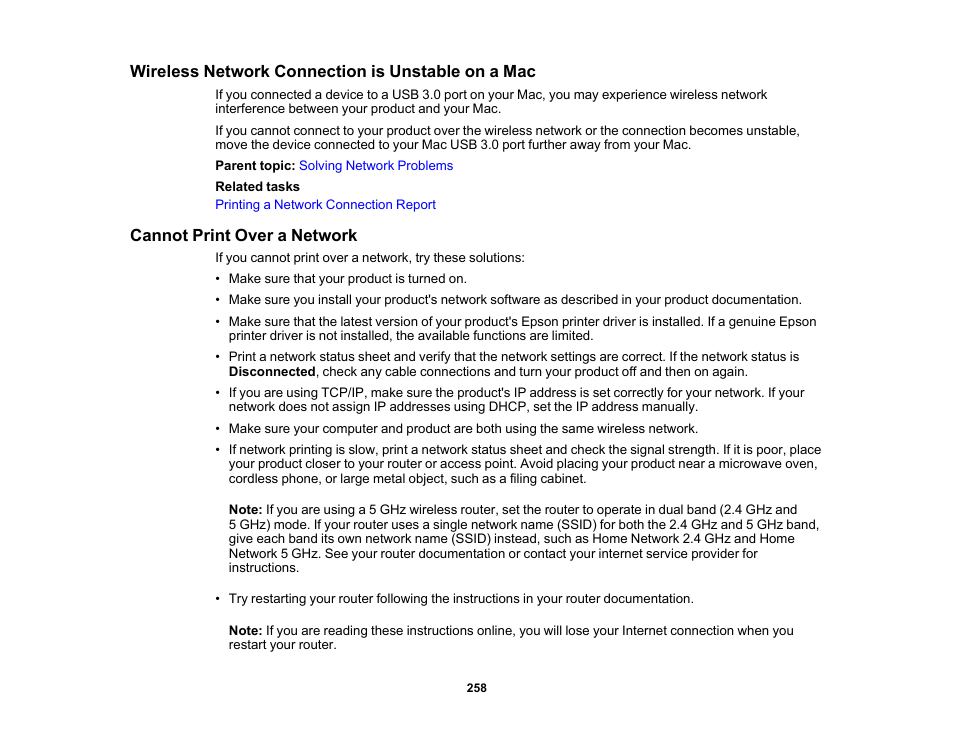 Wireless network connection is unstable on a mac, Cannot print over a network | Epson WorkForce WF-2960 Wireless All-in-One Color Inkjet Printer User Manual | Page 258 / 332