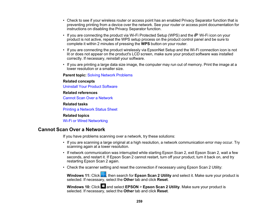Cannot scan over a network | Epson WorkForce WF-2960 Wireless All-in-One Color Inkjet Printer User Manual | Page 259 / 332