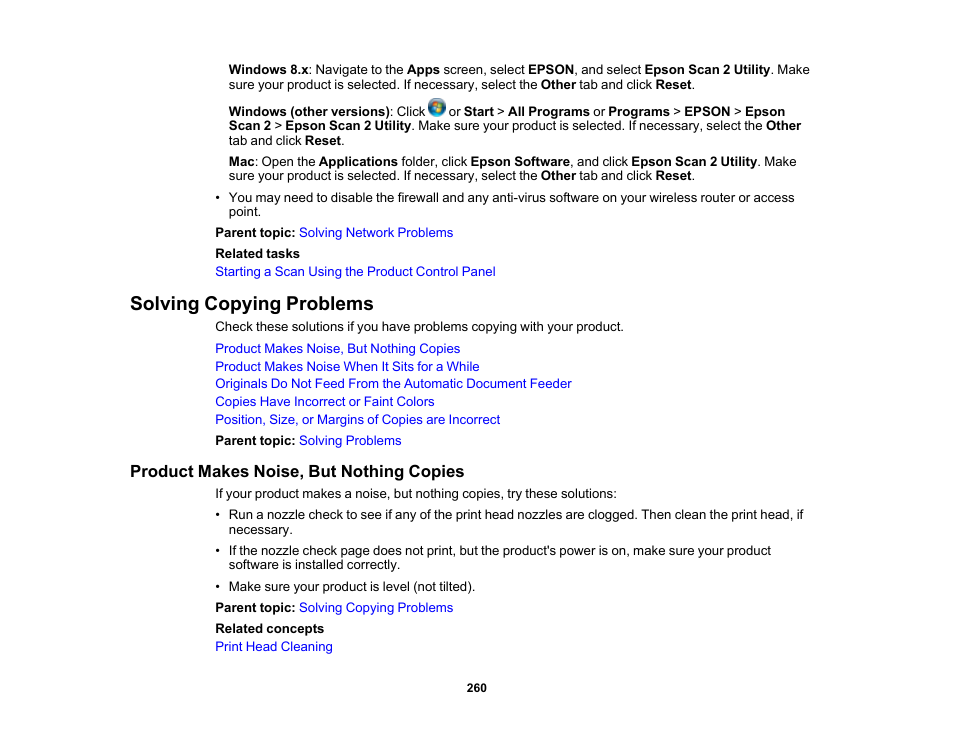 Solving copying problems, Product makes noise, but nothing copies | Epson WorkForce WF-2960 Wireless All-in-One Color Inkjet Printer User Manual | Page 260 / 332