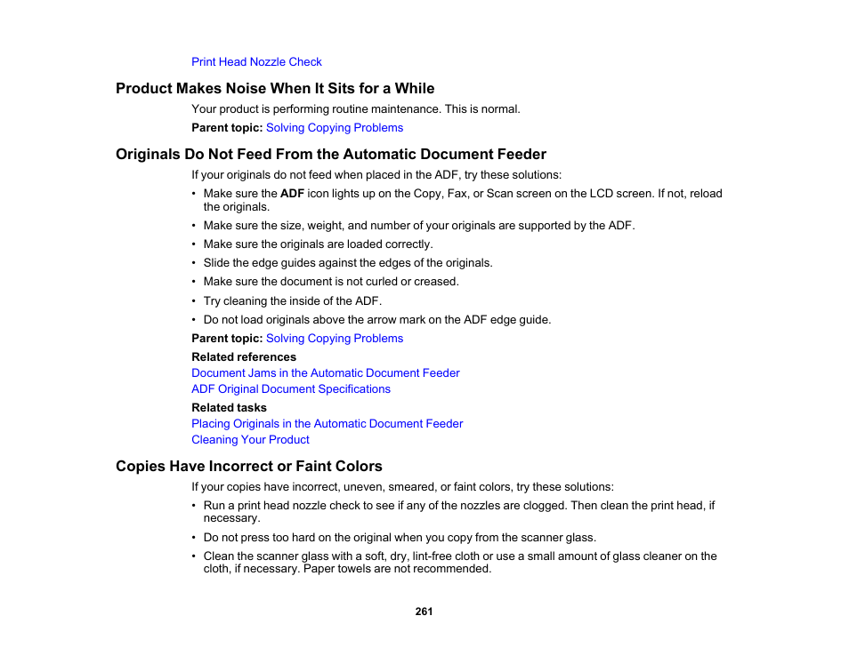 Product makes noise when it sits for a while, Copies have incorrect or faint colors | Epson WorkForce WF-2960 Wireless All-in-One Color Inkjet Printer User Manual | Page 261 / 332