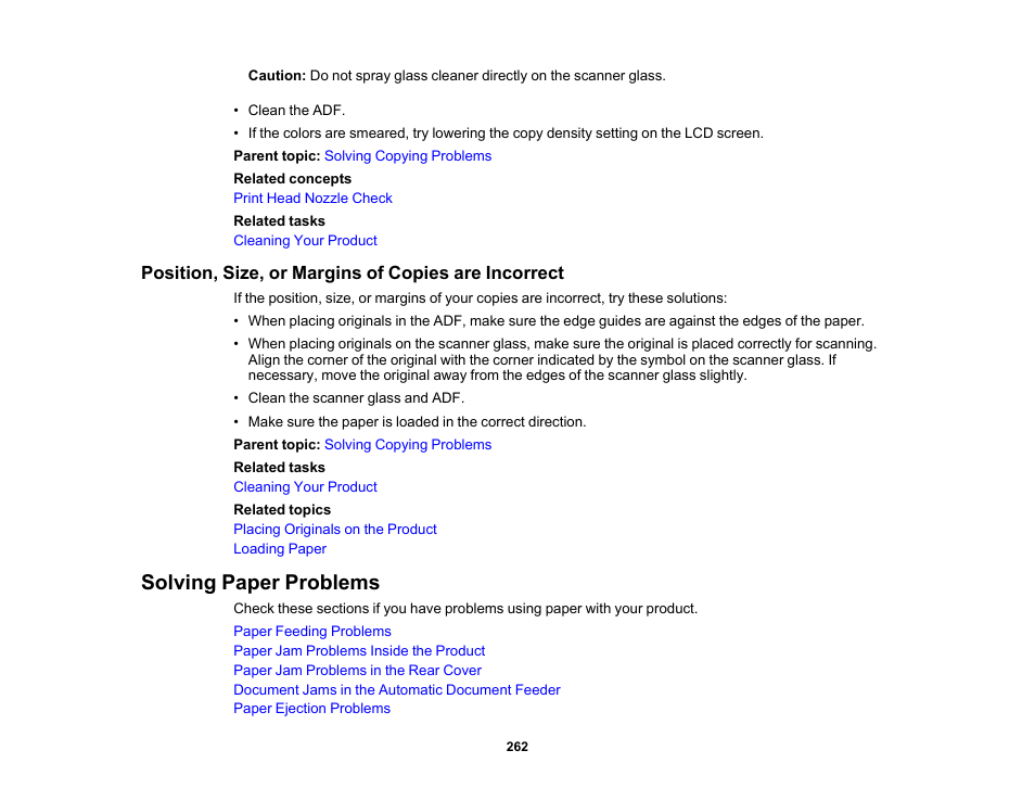Position, size, or margins of copies are incorrect, Solving paper problems | Epson WorkForce WF-2960 Wireless All-in-One Color Inkjet Printer User Manual | Page 262 / 332