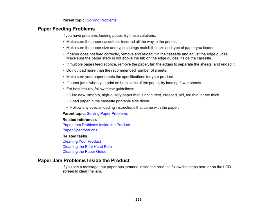 Paper feeding problems, Paper jam problems inside the product | Epson WorkForce WF-2960 Wireless All-in-One Color Inkjet Printer User Manual | Page 263 / 332