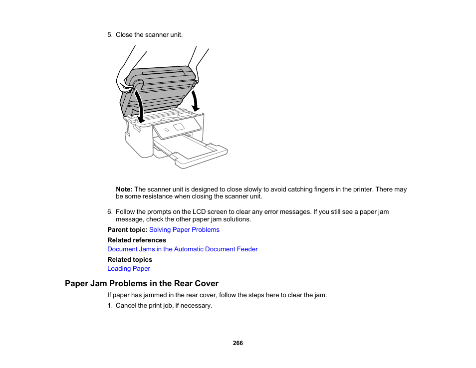 Paper jam problems in the rear cover | Epson WorkForce WF-2960 Wireless All-in-One Color Inkjet Printer User Manual | Page 266 / 332