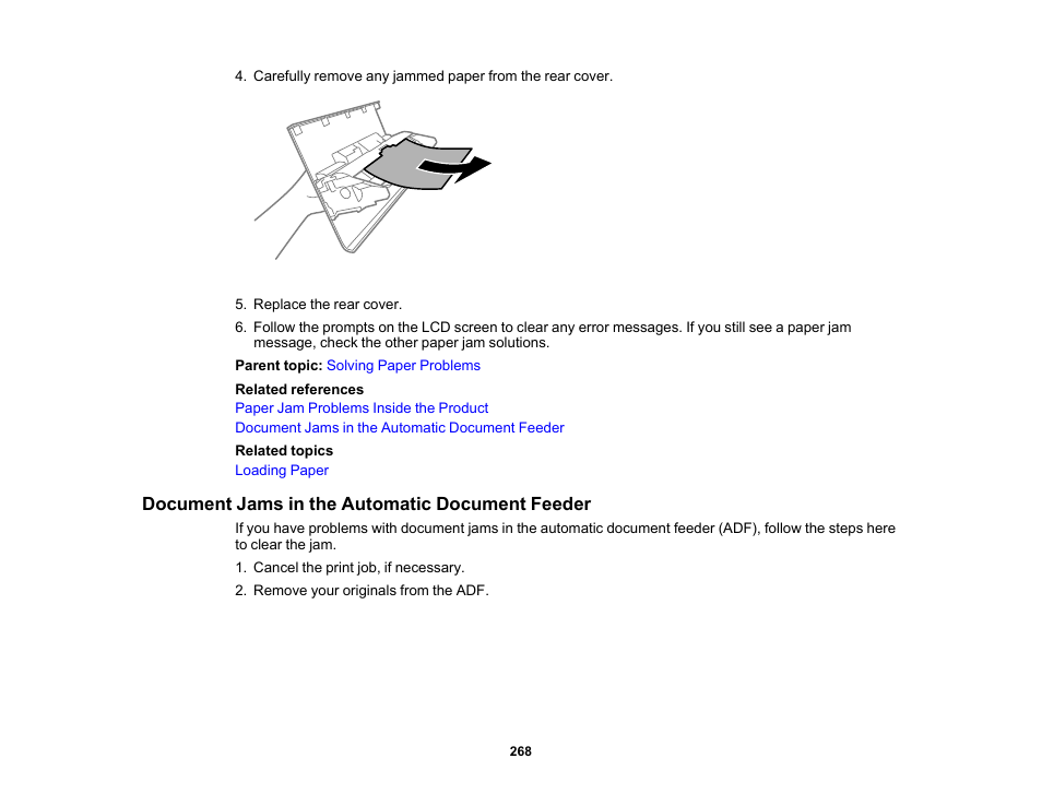 Document jams in the automatic document feeder | Epson WorkForce WF-2960 Wireless All-in-One Color Inkjet Printer User Manual | Page 268 / 332