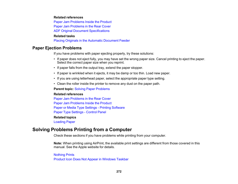 Paper ejection problems, Solving problems printing from a computer | Epson WorkForce WF-2960 Wireless All-in-One Color Inkjet Printer User Manual | Page 272 / 332