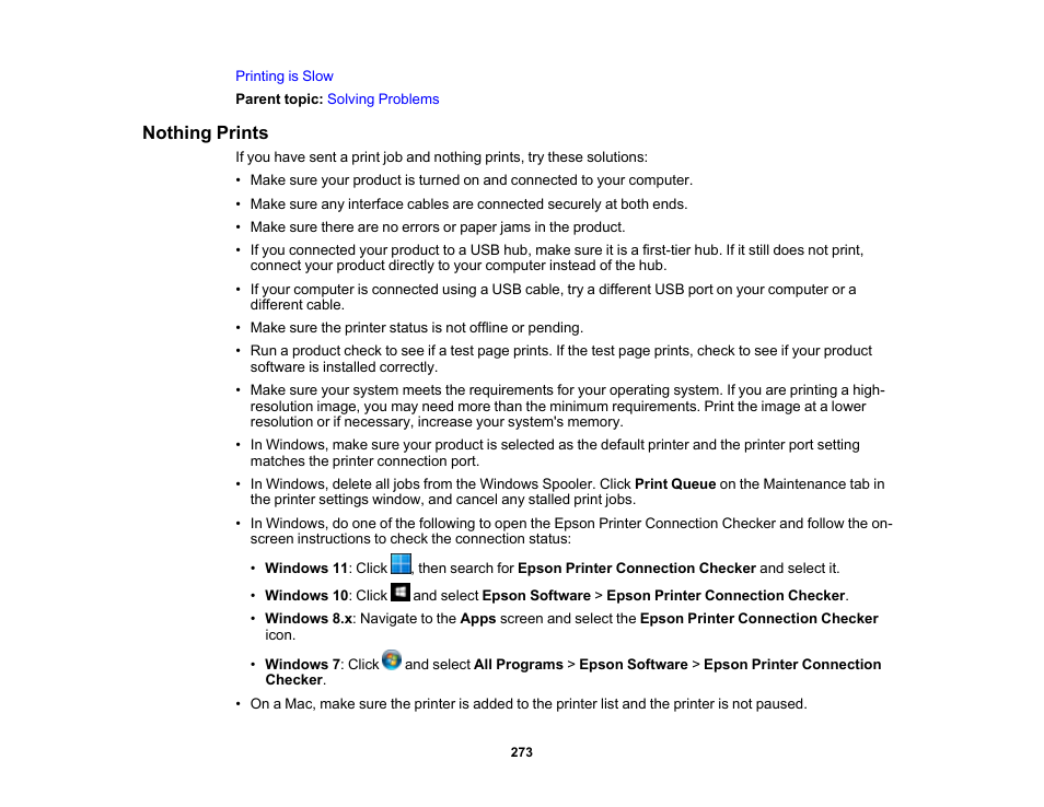 Nothing prints | Epson WorkForce WF-2960 Wireless All-in-One Color Inkjet Printer User Manual | Page 273 / 332