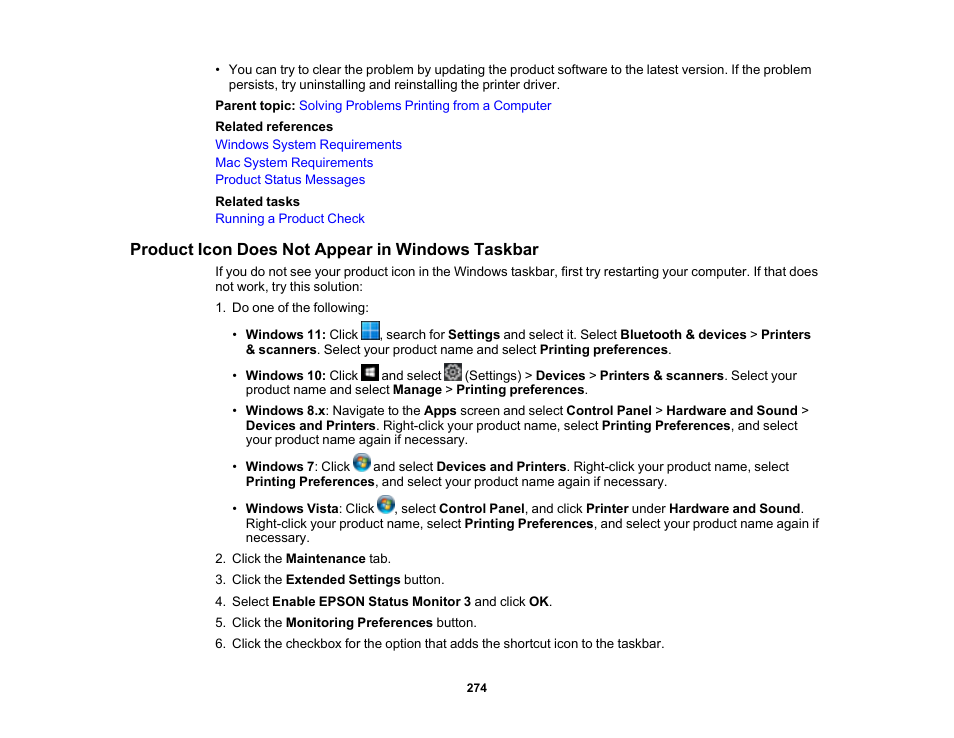 Product icon does not appear in windows taskbar | Epson WorkForce WF-2960 Wireless All-in-One Color Inkjet Printer User Manual | Page 274 / 332