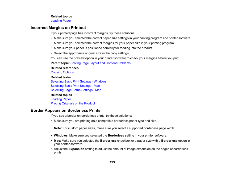 Incorrect margins on printout, Border appears on borderless prints | Epson WorkForce WF-2960 Wireless All-in-One Color Inkjet Printer User Manual | Page 279 / 332