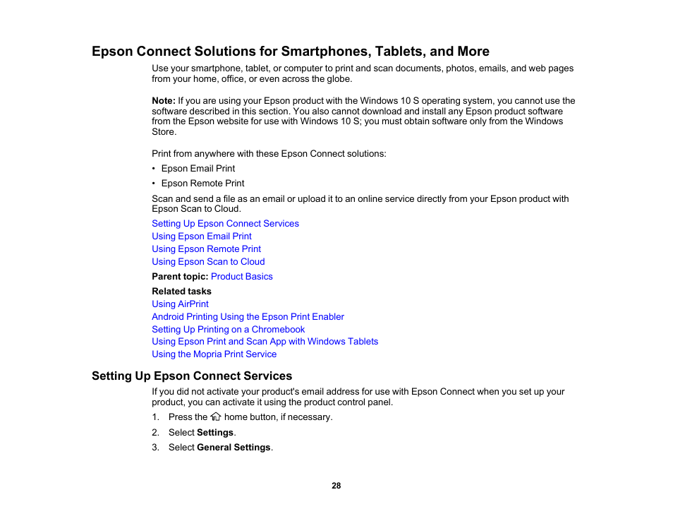 Setting up epson connect services | Epson WorkForce WF-2960 Wireless All-in-One Color Inkjet Printer User Manual | Page 28 / 332