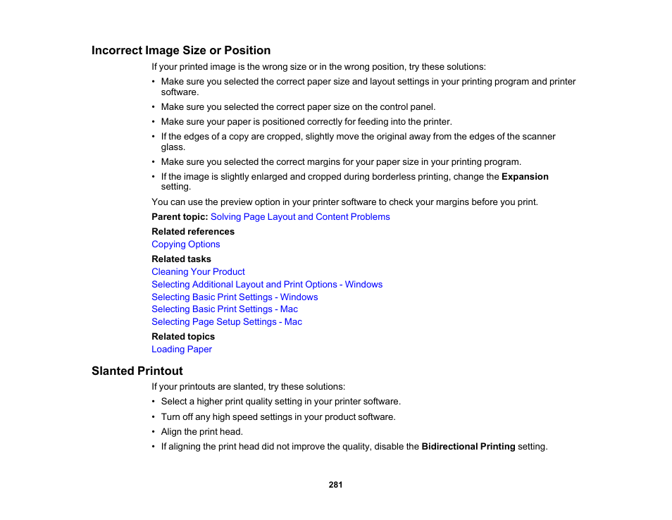 Incorrect image size or position, Slanted printout, Incorrect image size or position slanted printout | Epson WorkForce WF-2960 Wireless All-in-One Color Inkjet Printer User Manual | Page 281 / 332