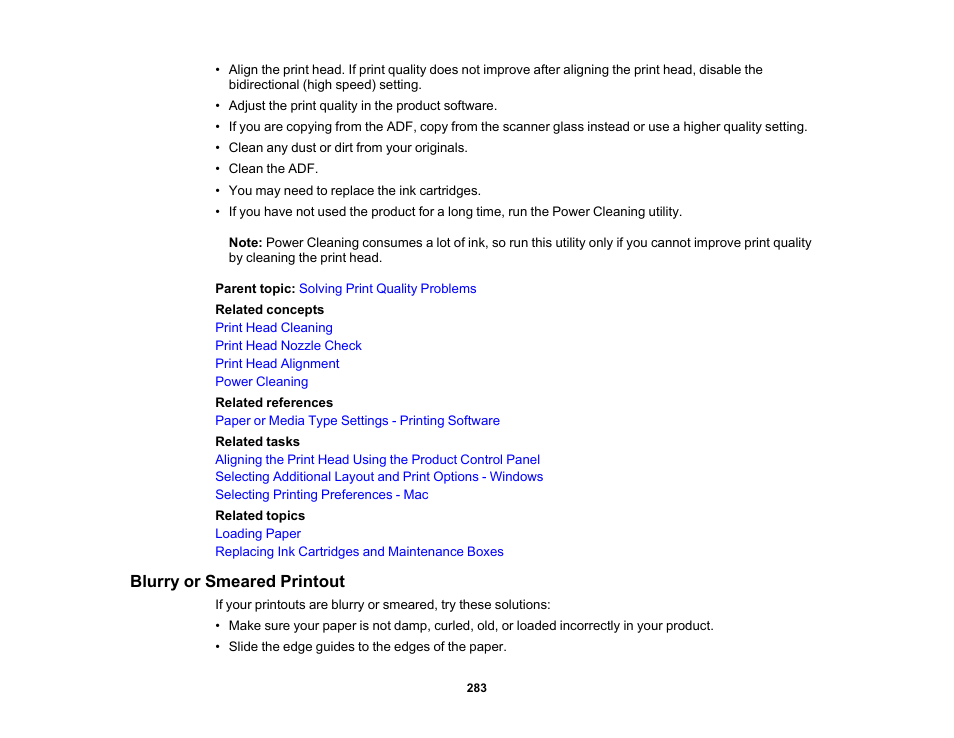 Blurry or smeared printout | Epson WorkForce WF-2960 Wireless All-in-One Color Inkjet Printer User Manual | Page 283 / 332
