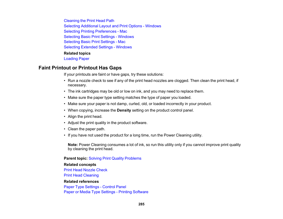 Faint printout or printout has gaps | Epson WorkForce WF-2960 Wireless All-in-One Color Inkjet Printer User Manual | Page 285 / 332