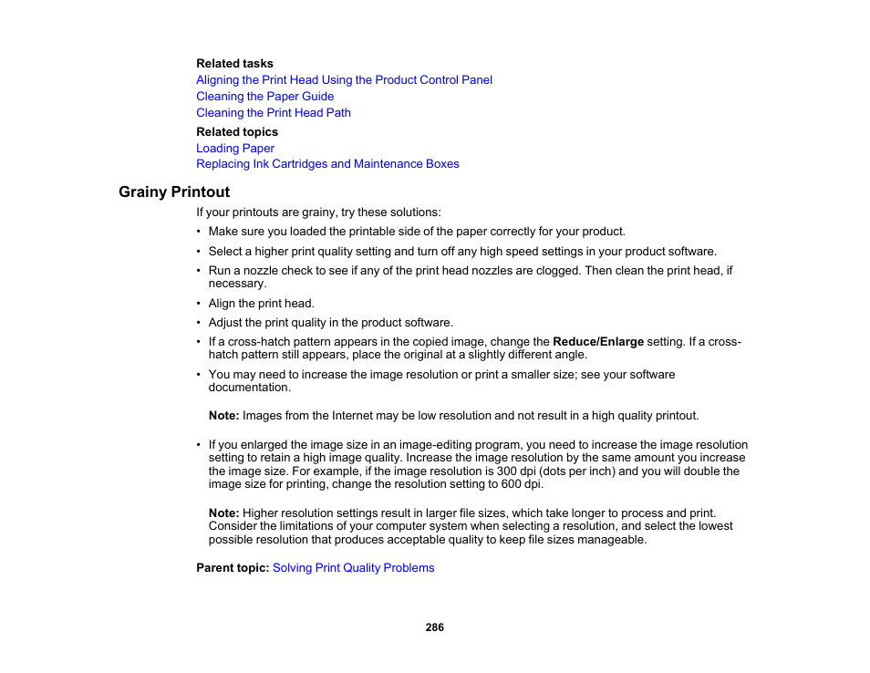 Grainy printout | Epson WorkForce WF-2960 Wireless All-in-One Color Inkjet Printer User Manual | Page 286 / 332