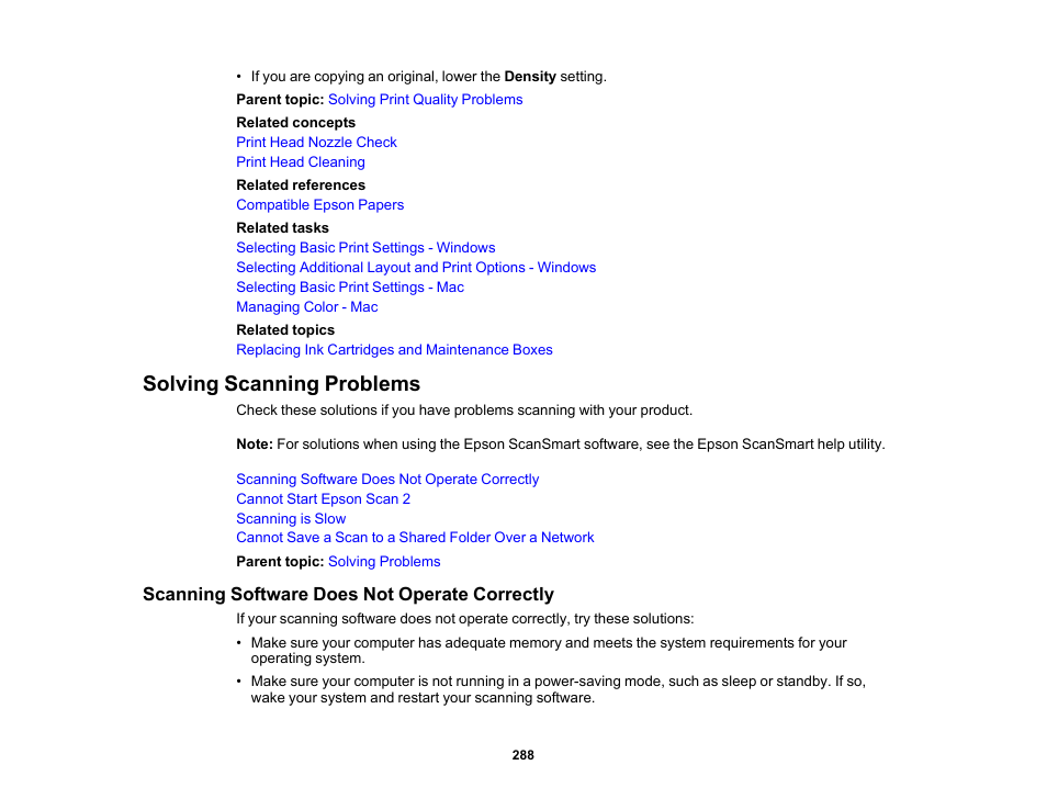Solving scanning problems, Scanning software does not operate correctly | Epson WorkForce WF-2960 Wireless All-in-One Color Inkjet Printer User Manual | Page 288 / 332