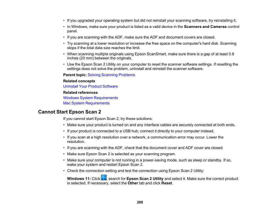 Cannot start epson scan 2 | Epson WorkForce WF-2960 Wireless All-in-One Color Inkjet Printer User Manual | Page 289 / 332