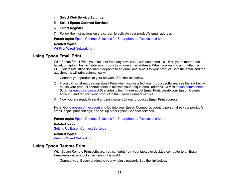 Using epson email print, Using epson remote print, Using epson email print using epson remote print | Epson WorkForce WF-2960 Wireless All-in-One Color Inkjet Printer User Manual | Page 29 / 332