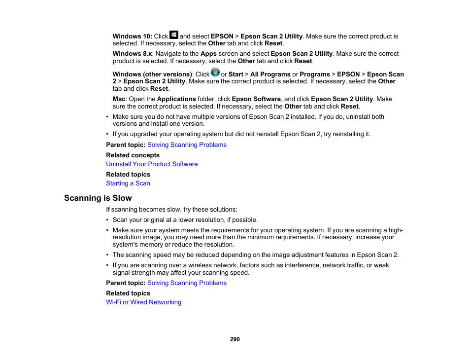 Scanning is slow | Epson WorkForce WF-2960 Wireless All-in-One Color Inkjet Printer User Manual | Page 290 / 332