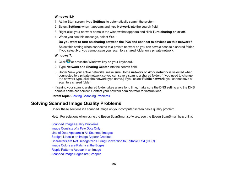 Solving scanned image quality problems | Epson WorkForce WF-2960 Wireless All-in-One Color Inkjet Printer User Manual | Page 292 / 332