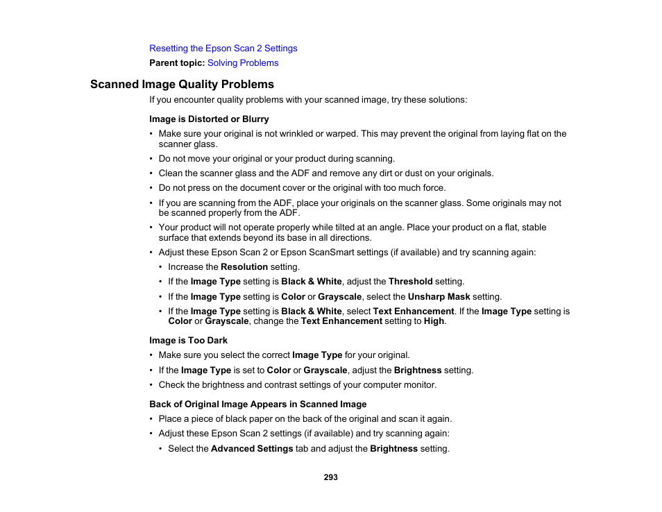 Scanned image quality problems | Epson WorkForce WF-2960 Wireless All-in-One Color Inkjet Printer User Manual | Page 293 / 332