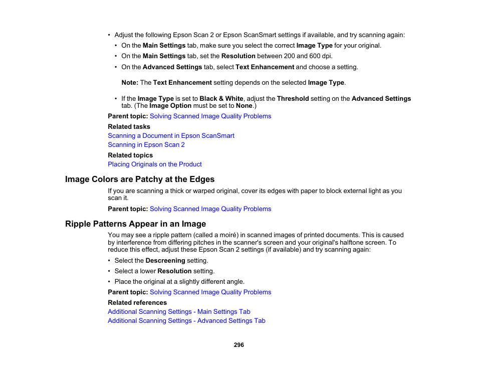 Image colors are patchy at the edges, Ripple patterns appear in an image | Epson WorkForce WF-2960 Wireless All-in-One Color Inkjet Printer User Manual | Page 296 / 332