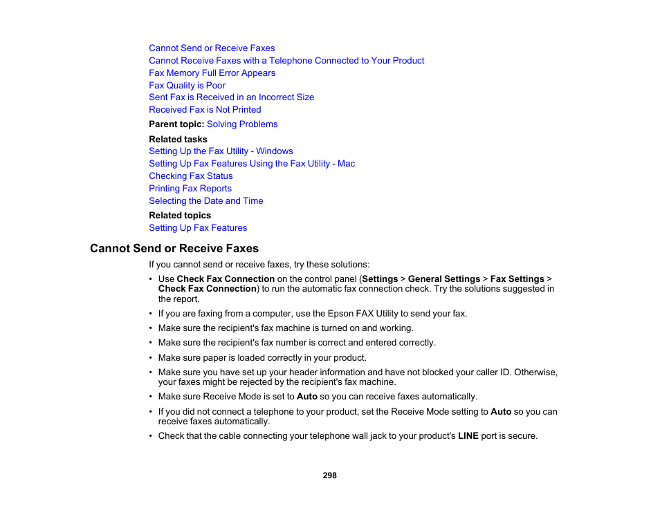 Cannot send or receive faxes | Epson WorkForce WF-2960 Wireless All-in-One Color Inkjet Printer User Manual | Page 298 / 332