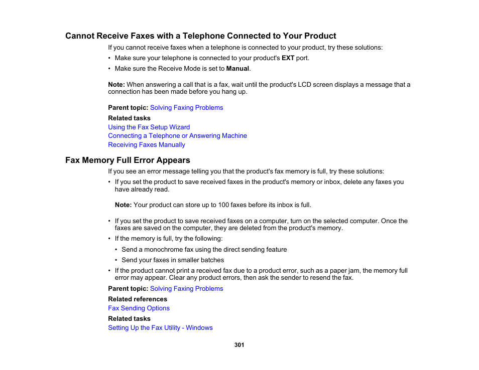 Fax memory full error appears | Epson WorkForce WF-2960 Wireless All-in-One Color Inkjet Printer User Manual | Page 301 / 332