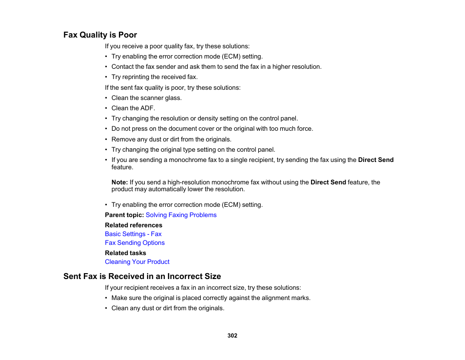 Fax quality is poor, Sent fax is received in an incorrect size | Epson WorkForce WF-2960 Wireless All-in-One Color Inkjet Printer User Manual | Page 302 / 332