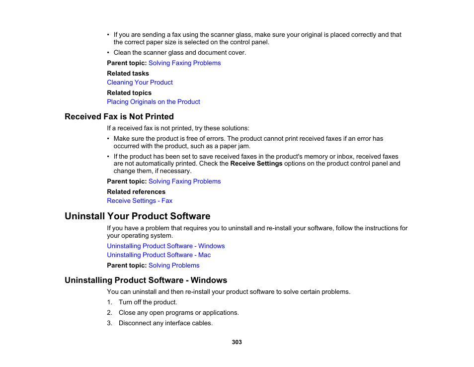 Received fax is not printed, Uninstall your product software, Uninstalling product software - windows | Epson WorkForce WF-2960 Wireless All-in-One Color Inkjet Printer User Manual | Page 303 / 332