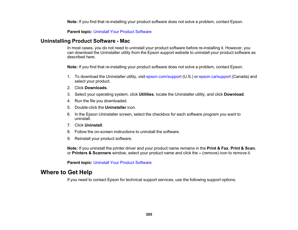 Uninstalling product software - mac, Where to get help | Epson WorkForce WF-2960 Wireless All-in-One Color Inkjet Printer User Manual | Page 305 / 332