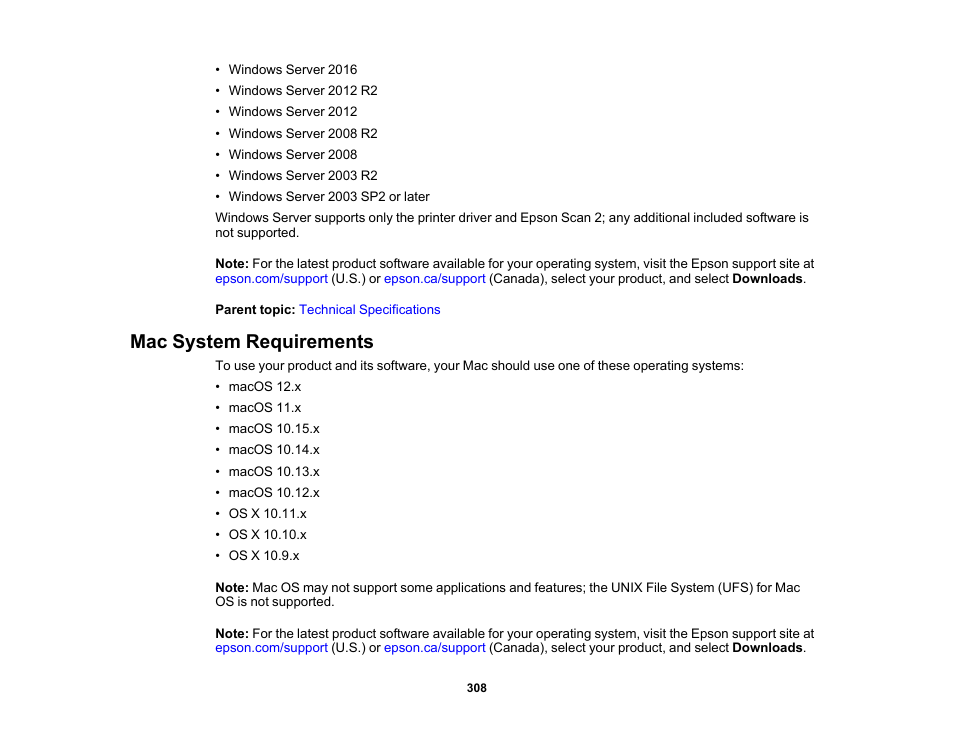 Mac system requirements | Epson WorkForce WF-2960 Wireless All-in-One Color Inkjet Printer User Manual | Page 308 / 332