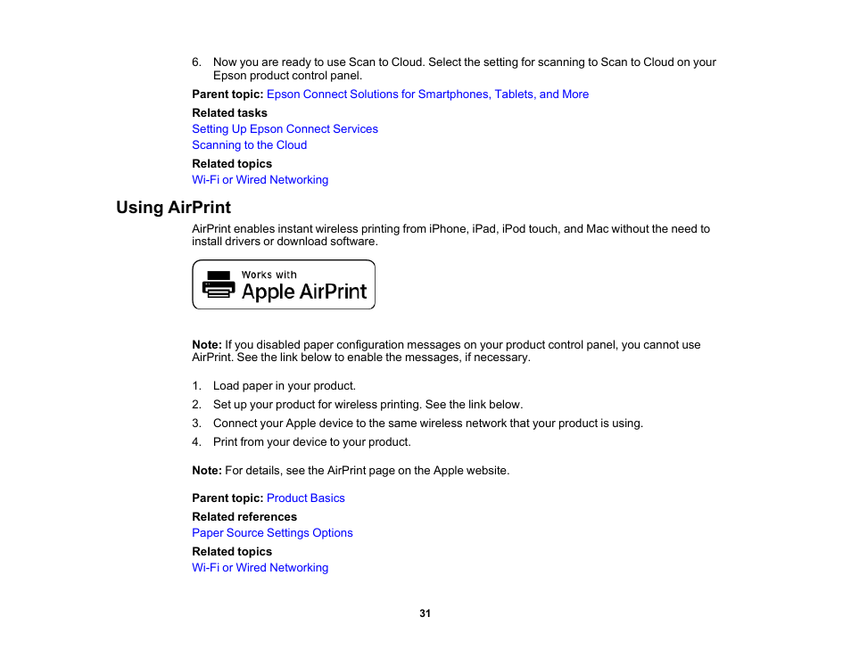 Using airprint | Epson WorkForce WF-2960 Wireless All-in-One Color Inkjet Printer User Manual | Page 31 / 332