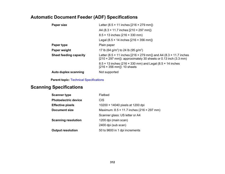 Automatic document feeder (adf) specifications, Scanning specifications | Epson WorkForce WF-2960 Wireless All-in-One Color Inkjet Printer User Manual | Page 312 / 332