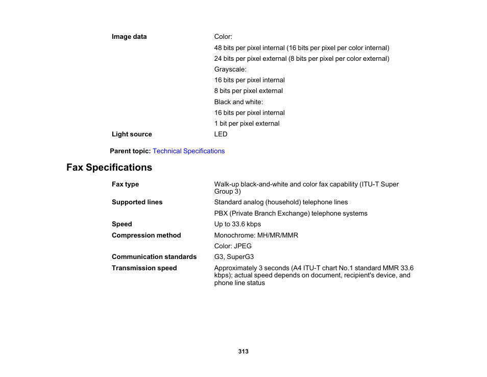 Fax specifications | Epson WorkForce WF-2960 Wireless All-in-One Color Inkjet Printer User Manual | Page 313 / 332