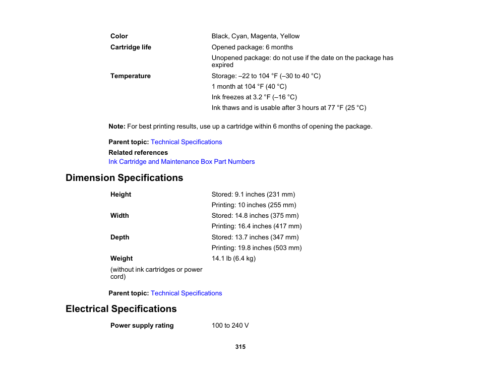 Dimension specifications, Electrical specifications, Dimension specifications electrical specifications | Epson WorkForce WF-2960 Wireless All-in-One Color Inkjet Printer User Manual | Page 315 / 332
