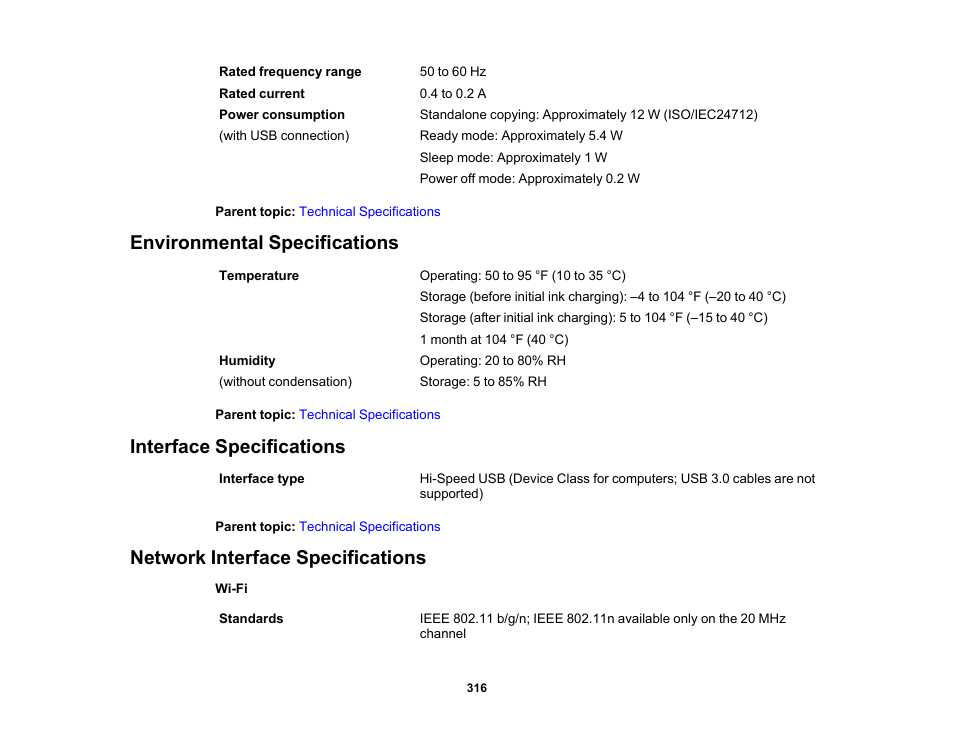 Environmental specifications, Interface specifications, Network interface specifications | Epson WorkForce WF-2960 Wireless All-in-One Color Inkjet Printer User Manual | Page 316 / 332