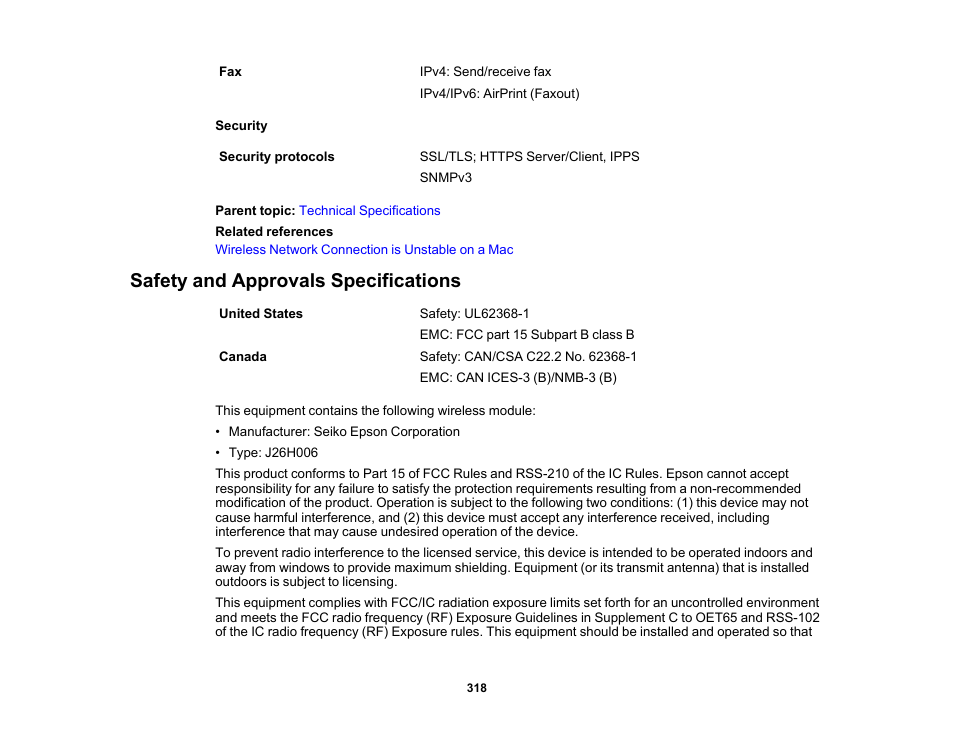 Safety and approvals specifications | Epson WorkForce WF-2960 Wireless All-in-One Color Inkjet Printer User Manual | Page 318 / 332
