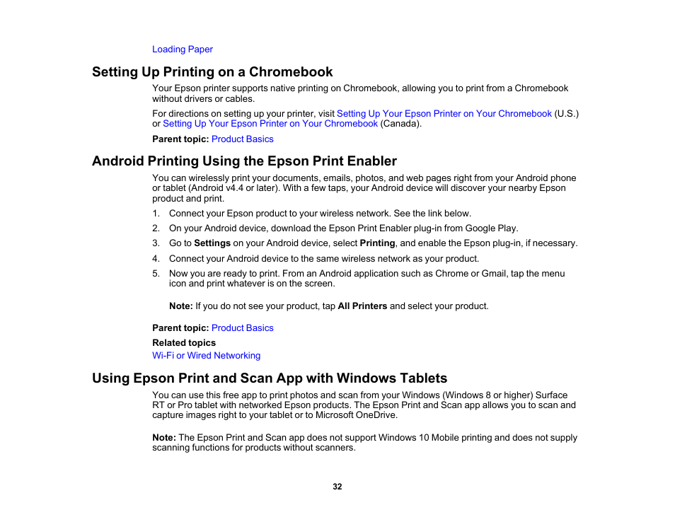 Setting up printing on a chromebook, Android printing using the epson print enabler | Epson WorkForce WF-2960 Wireless All-in-One Color Inkjet Printer User Manual | Page 32 / 332